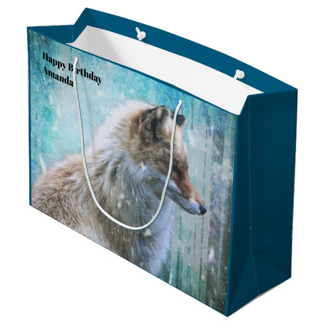 Cute Furry Fox on Blue Grunge Background Birthday Large Gift Bag (Back Angled)