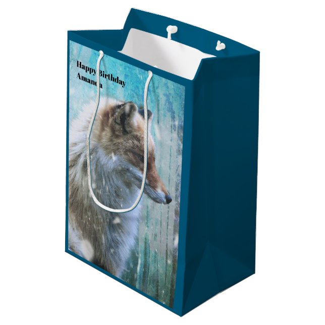 Cute Furry Fox on Blue Grunge Background Birthday Medium Gift Bag (Back Angled)