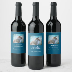 Cute Furry Fox on Blue Grunge Background Birthday Wine Label