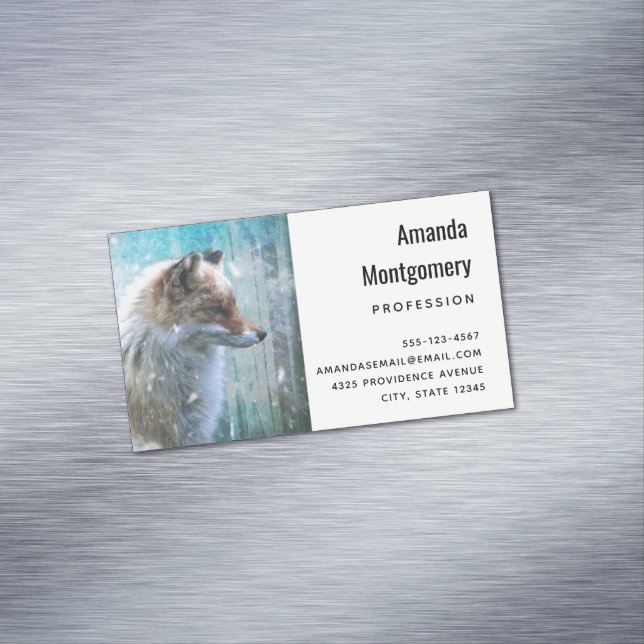 Cute Furry Fox on Blue Grunge Background Business Card Magnet (In Situ)