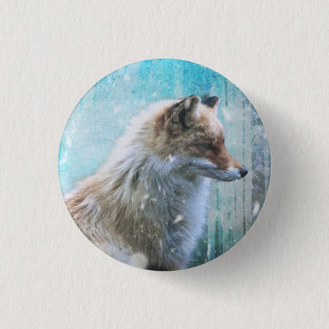 Cute Furry Fox on Blue Grunge Background Button (Front)