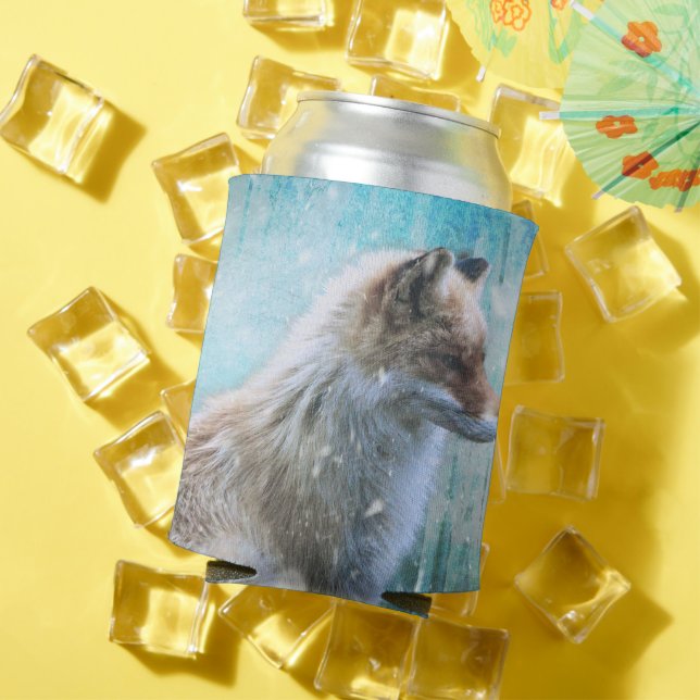 Cute Furry Fox on Blue Grunge Background Can Cooler (In Situ Summer)