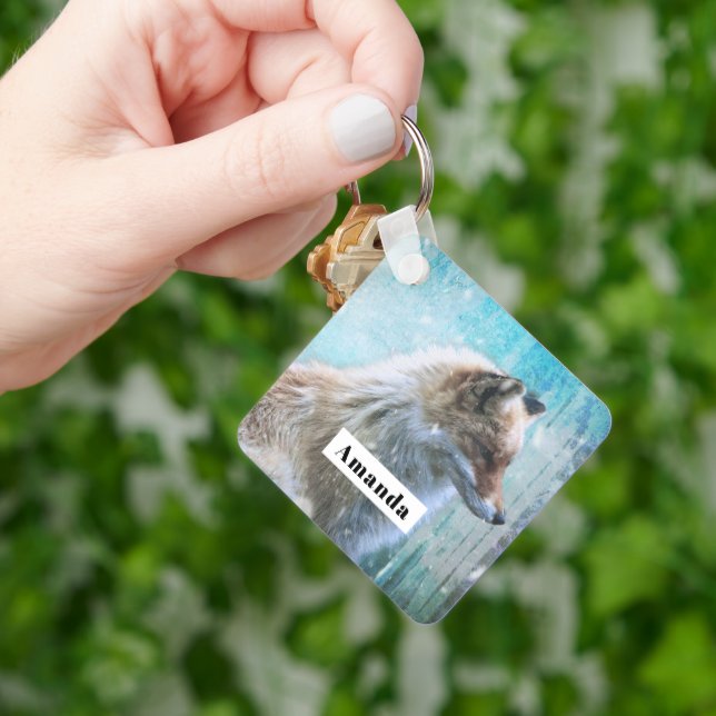 Cute Furry Fox on Blue Grunge Background Keychain (Hand)