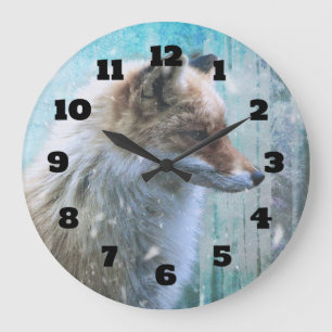 Cute Furry Fox on Blue Grunge Background Large Clock