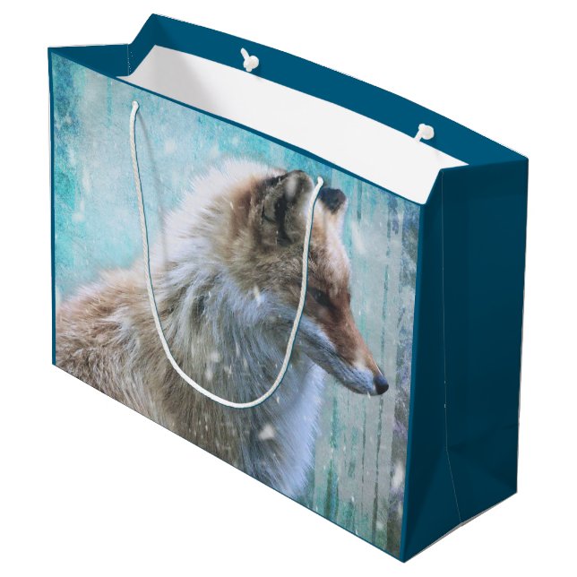 Cute Furry Fox on Blue Grunge Background Large Gift Bag (Back Angled)