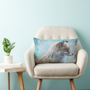 Cute Furry Fox on Blue Grunge Background Lumbar Pillow