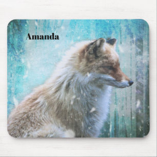 Cute Furry Fox on Blue Grunge Background Mouse Pad
