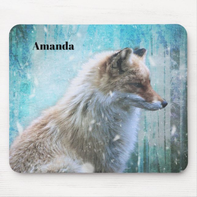 Cute Furry Fox on Blue Grunge Background Mouse Pad (Front)