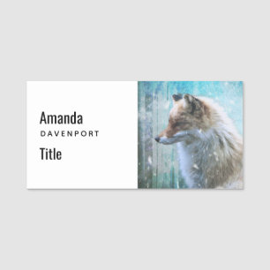 Cute Furry Fox on Blue Grunge Background Name Tag
