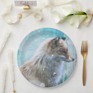 Cute Furry Fox on Blue Grunge Background Paper Plates