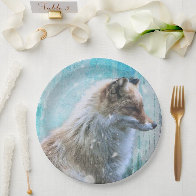 Cute Furry Fox on Blue Grunge Background Paper Plates (Wedding)