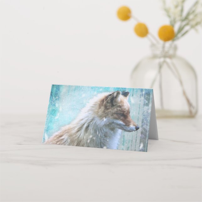Cute Furry Fox on Blue Grunge Background Place Card (Front)