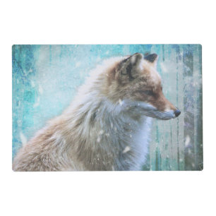 Cute Furry Fox on Blue Grunge Background Placemat