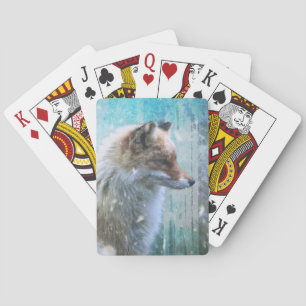 Cute Furry Fox on Blue Grunge Background Poker Cards