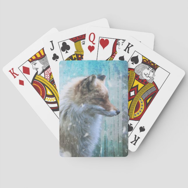 Cute Furry Fox on Blue Grunge Background Poker Cards (Back)