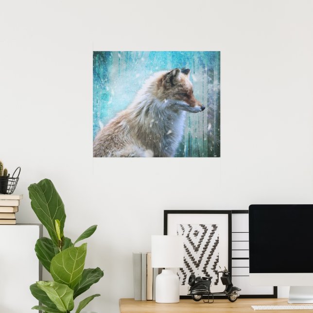Cute Furry Fox on Blue Grunge Background Poster (Home Office)