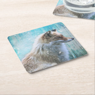 Cute Furry Fox on Blue Grunge Background Square Paper Coaster