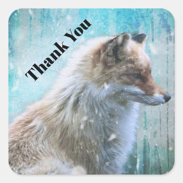 Cute Furry Fox on Blue Grunge Background Square Sticker (Front)
