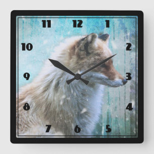 Cute Furry Fox on Blue Grunge Background Square Wall Clock
