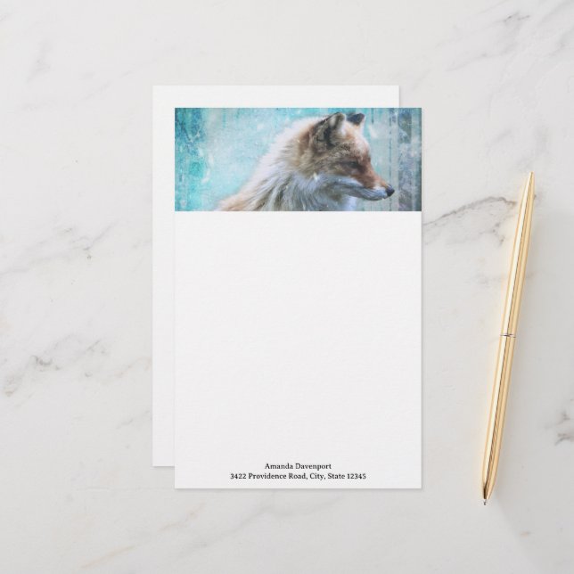 Cute Furry Fox on Blue Grunge Background Stationery (Front/Back In Situ)