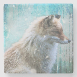 Cute Furry Fox on Blue Grunge Background Stone Coaster