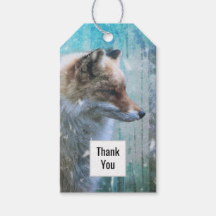 Cute Furry Fox on Blue Grunge Background Thank You Gift Tags