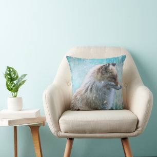 Cute Furry Fox on Blue Grunge Background Throw Pillow
