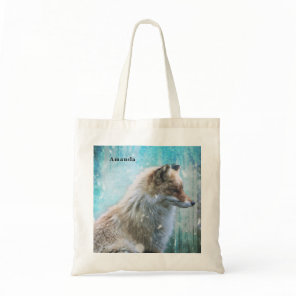 Cute Furry Fox on Blue Grunge Background Tote Bag