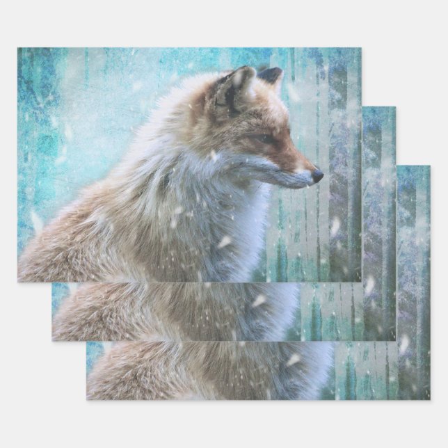 Cute Furry Fox on Blue Grunge Background Wrapping Paper Sheets (Set)