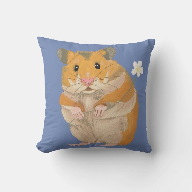 Cute Furry Hamster Holding a Flower Throw Pillow (Front)