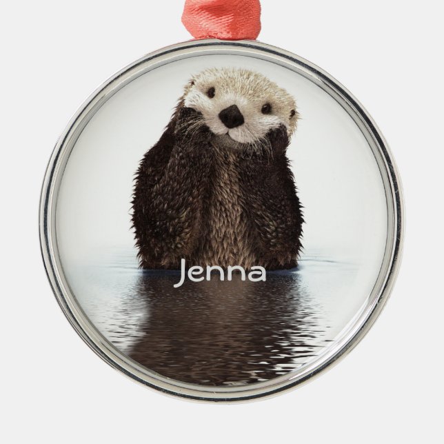 Cute Furry Otter in Water with Name Metal Ornament (Front)