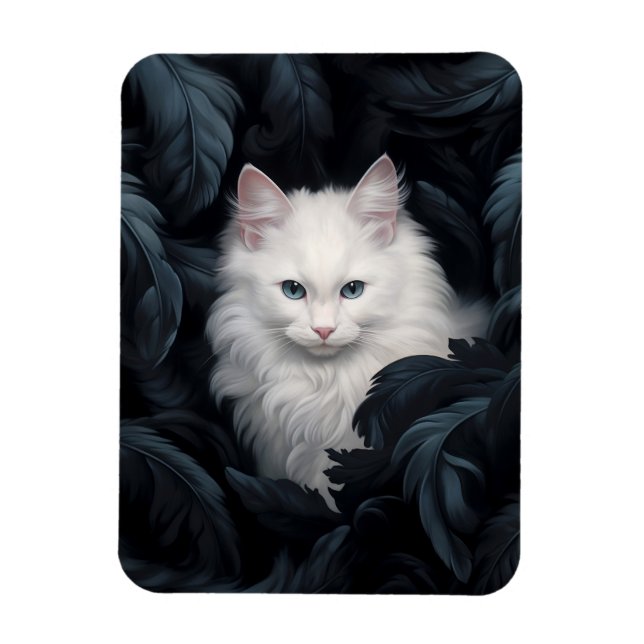 Cute Furry White Cat Sitting Among The Leaves Magnet (Vertical)