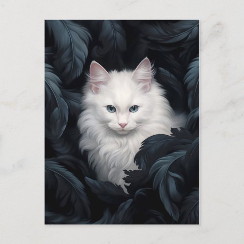 Cute Furry White Cat Sitting Among The Leaves Postcard