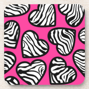 Cute fuschia pink black white zebra pattern heart drink coaster