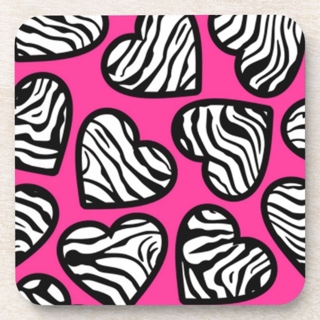 Cute fuschia pink black white zebra pattern heart  drink coaster (Front)
