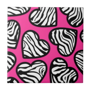 Cute fuschia pink black white zebra pattern heart tile