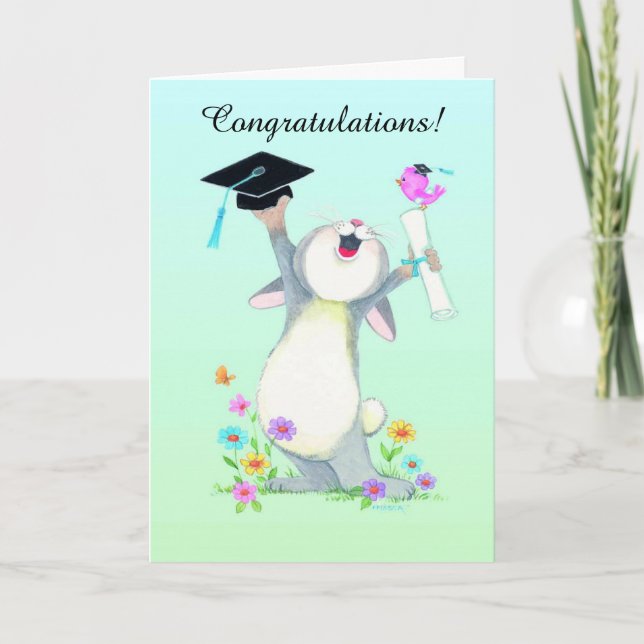 Cute fuzzy bunny cap graduation customizable card (Front)