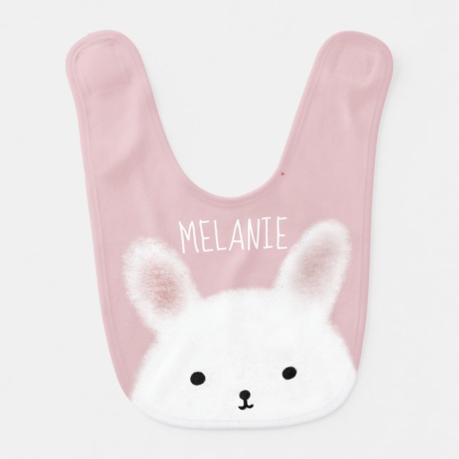 Cute Fuzzy Bunny Pink Personalised Baby Bib (Front)