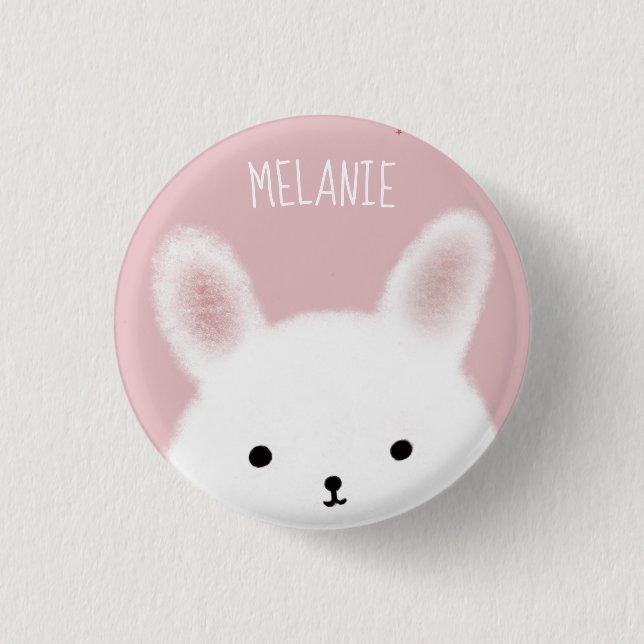 Cute Fuzzy Bunny Pink Personalised Button (Front)