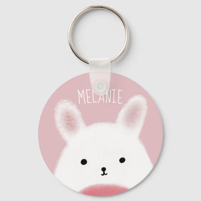 Cute Fuzzy Bunny Pink Personalised Keychain (Front)