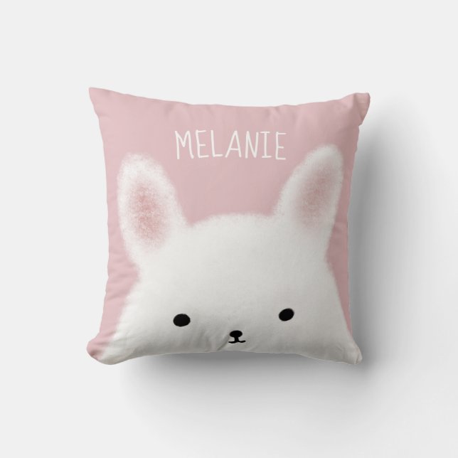 Cute Fuzzy Bunny Pink Personalised Throw Pillow (Front)