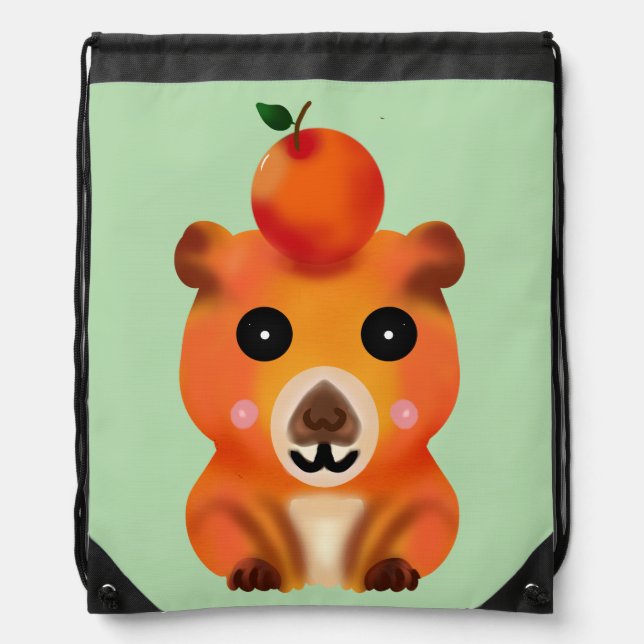 Cute Fuzzy Capybara with Orange | Kawaii Animal Ar Drawstring Bag (Front)