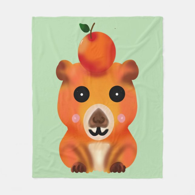Cute Fuzzy Capybara with Orange | Kawaii Animal Ar Fleece Blanket (Front)