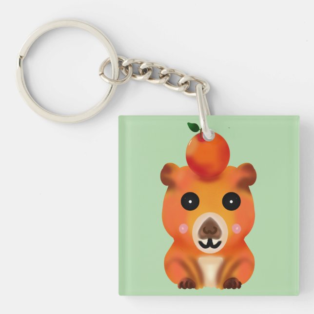 Cute Fuzzy Capybara with Orange | Kawaii Animal Ar Keychain (Front)