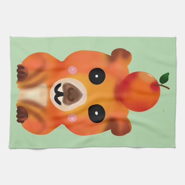 Cute Fuzzy Capybara with Orange | Kawaii Animal Ar Kitchen Towel (Horizontal)