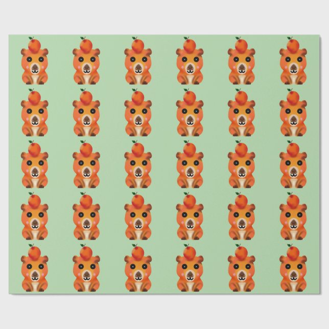 Cute Fuzzy Capybara with Orange | Kawaii Animal Ar Wrapping Paper (Flat)