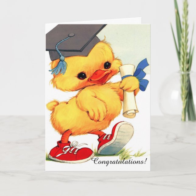 Cute fuzzy duck graduation customizable card (Front)