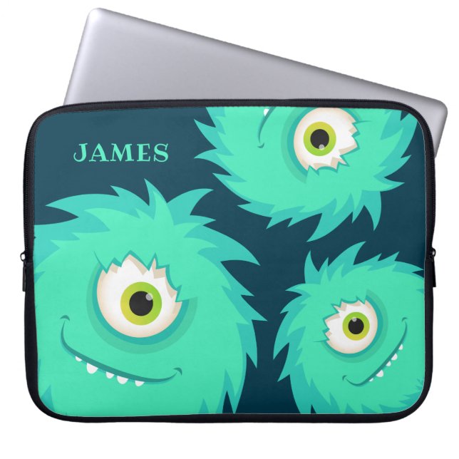 Cute Fuzzy Monster Blue Laptop Sleeve (Front)