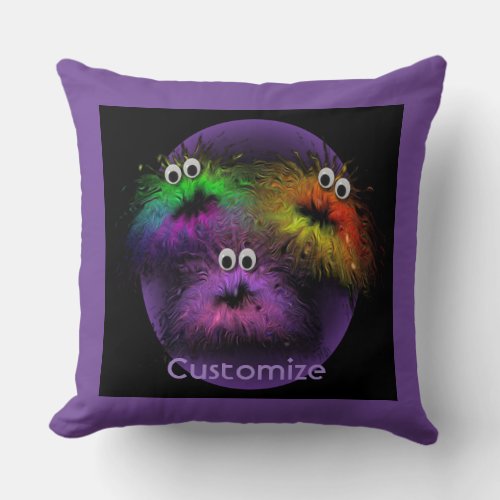 Cute Fuzzy Rainbow Critters Purple Throw Pillow
