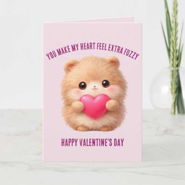 Cute Fuzzy Valentine Character Holding Heart  Holiday Card (Front)